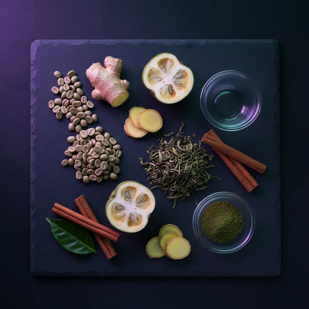Natural botanical ingredients - green coffee beans, garcinia cambogia, ginger root, green tea leaves - arranged on dark slate